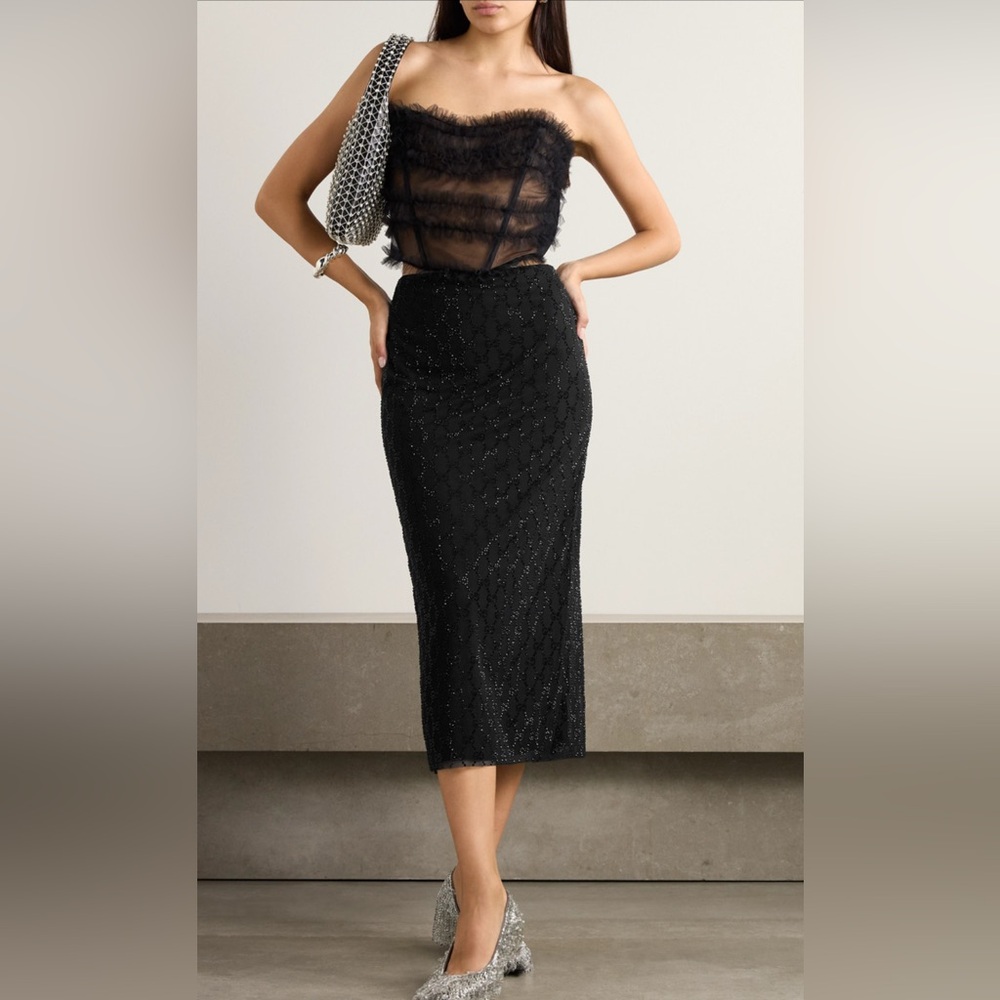 VTG Lauren Ralph Lauren Black Silk Beaded Bias Cut Midi Skirt Size 16